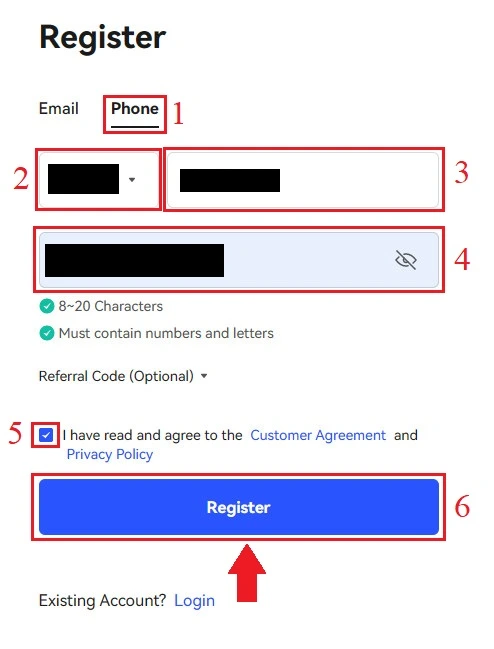 نحوه ثبت نام از طریق شماره تلفن در BingX